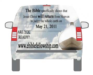 Picture of the back of a van with a “May 21, 2011 - The Rapture” moving billboard